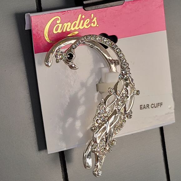 Candie's Silver Crystal Peacock Ear Cuff Pierced Earring 2.2" With Free Gift Bag - Picture 2 of 9